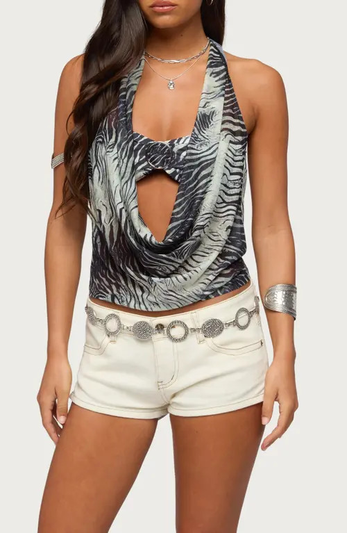 EDIKTED Issey Animal Print Layered Halter Top in Black Mix at Nordstrom, Size X-Large | Nordstrom