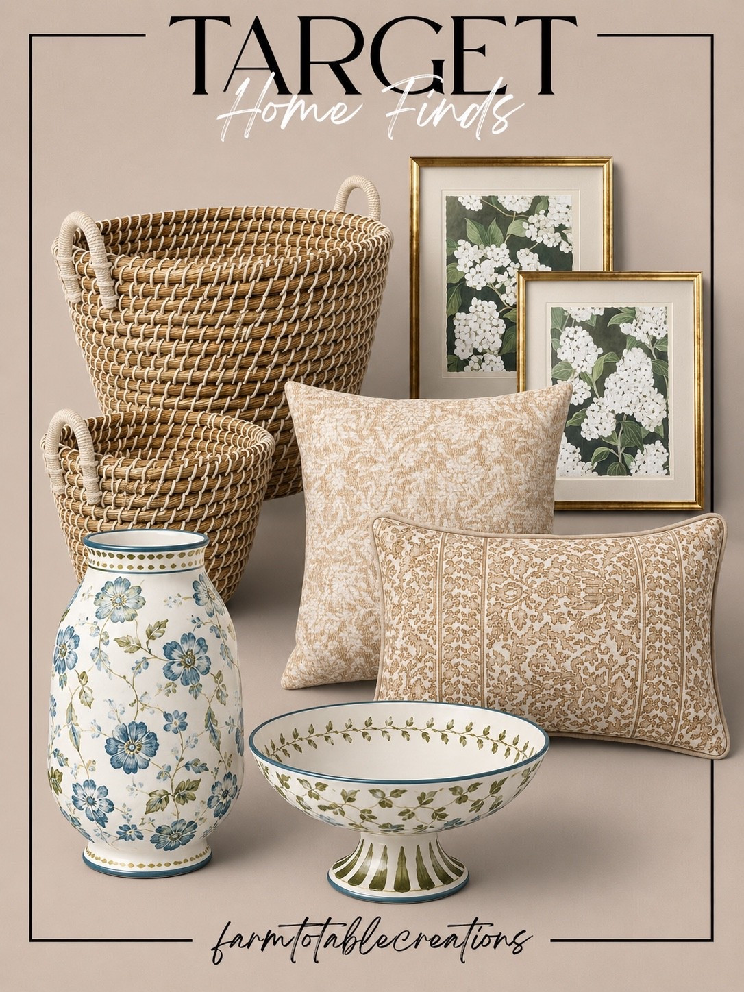 Target Home Finds

Follow @farmtotablecreations on Instagram for more home inspiration, styling ideas, and curated finds.

These Target finds have that collected, timeless look that instantly elevates a space. From the beautiful hydrangea artwork and woven baskets to the patterned pillows and floral ceramic pieces, every item layers warmth, texture, and charm into your home. Perfect for refreshing shelves, consoles, coffee tables, and cozy corners with a designer-inspired feel.

#TargetHomeFinds #TargetDecor #StudioMcGeeStyle #HomeDecor #NeutralHomeDecor #DecorFinds #ThrowPillows #DecorativeBaskets #WallArt #ShelfStyling #VaseDecor #CoffeeTableDecor #HomeAccessories #LivingRoomDecor #TimelessStyle

#LTKSeasonal #LTKHome