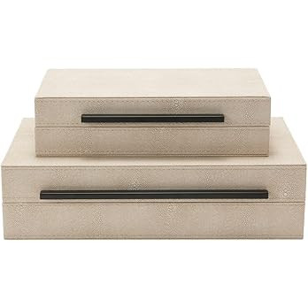 Sagala Set of 2 Ivory Shagreen Decorative Boxes With Black Metal Handles, Faux Leather Jewelry Bo... | Amazon (US)