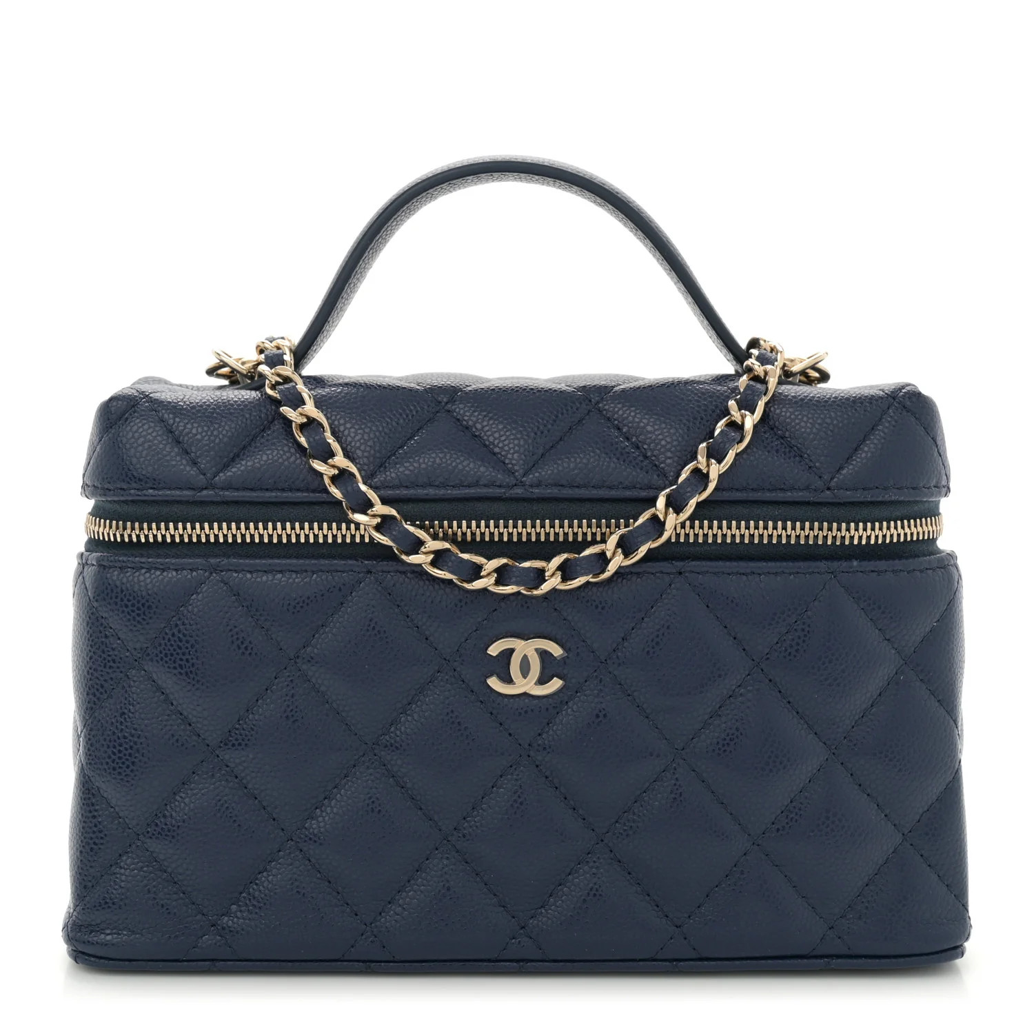 Caviar Quilted Top Handle Slim Vanity With Chain Navy | FASHIONPHILE (US)