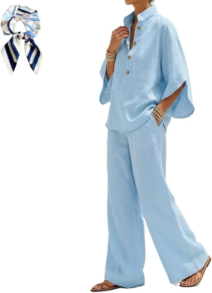 Women's Batwing Sleeve Linen Cotton Two Piece Set - Casual Shirt and Wide Leg Pants Outfit | Amazon (US)