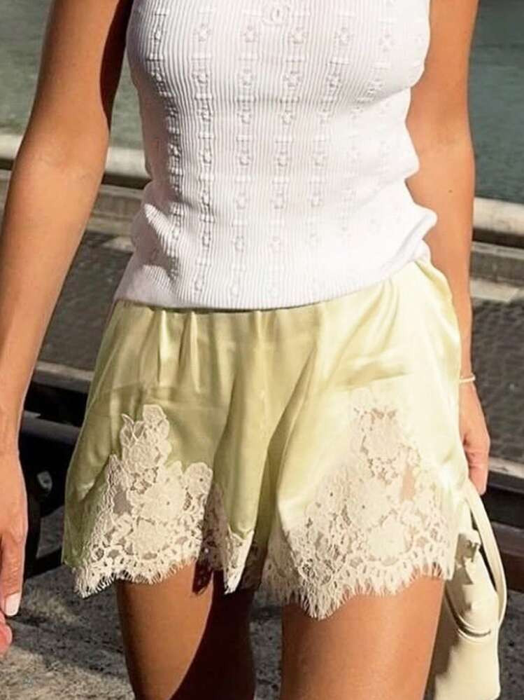 EU/UK Warehouse

Women's Lace Trim Satin Shorts Shiny Elastic Waist Mini Shorts French Knickers | SHEIN