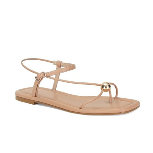 XBKXMK Tan Strappy Flat Sandals for Women Comfortable Dressy Summer Beach Thong Sandals Flip Flop Slide Sandal Size 8.5 | Amazon (US)