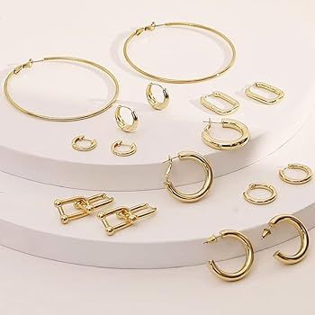 Gold Hoop Earrings Set for Women Hypoallergenic 14K Real Gold Plated Open Thick Chunky Hoops Gold... | Amazon (US)