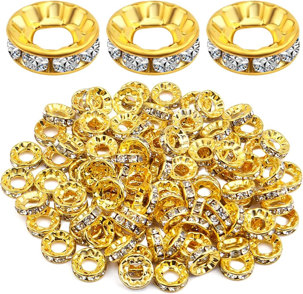 BronaGrand 100pcs 10 mm Golden Plated Rhinestone Spacer Beads Large Hole European Rondelle Beads ... | Amazon (US)