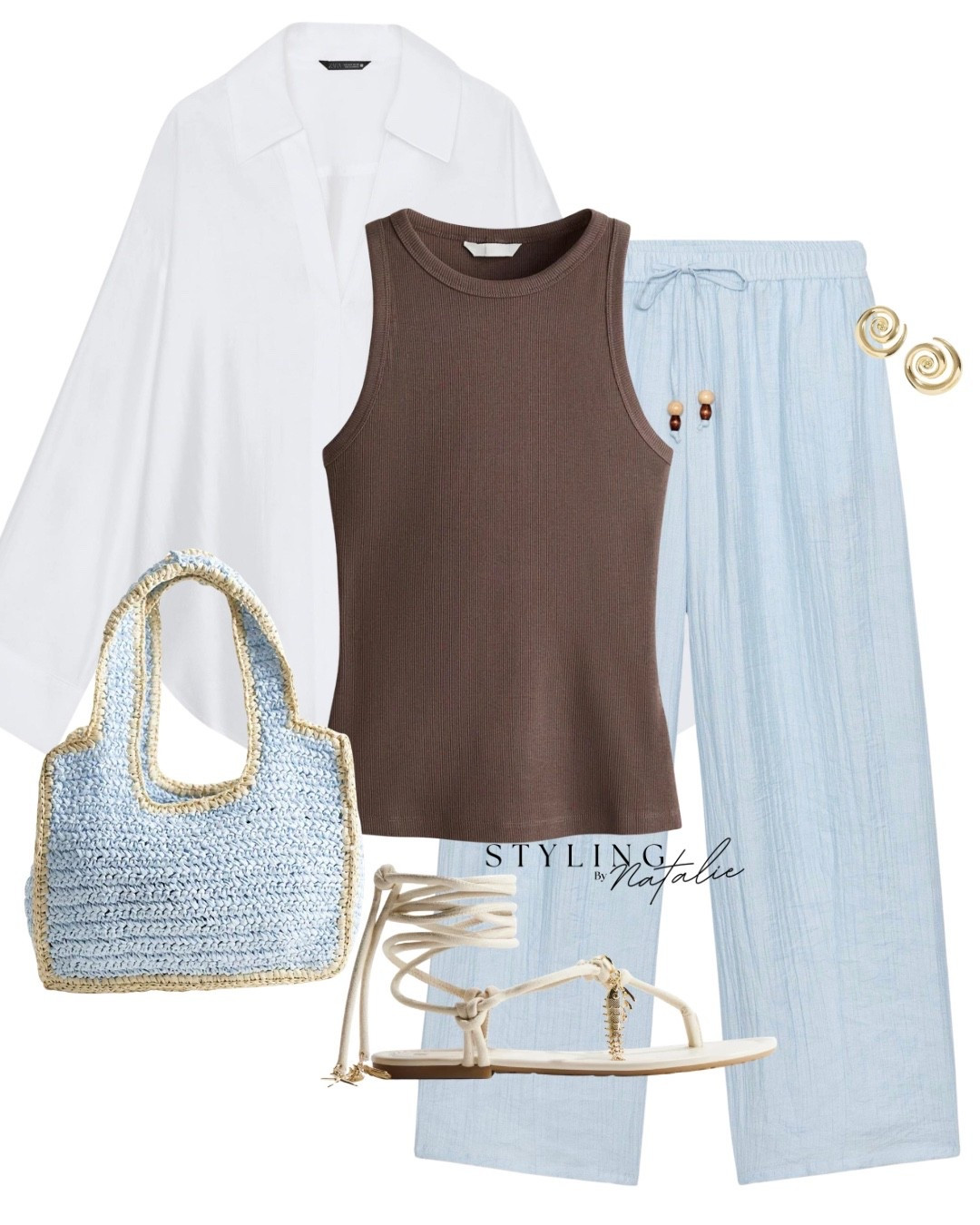 Satin shirt, blue drawstring linen trousers, strappy sandals, raffia bag and brown vest top. Casual, everyday, comfy summer outfit

#LTKuk #LTKsummer #LTKeurope