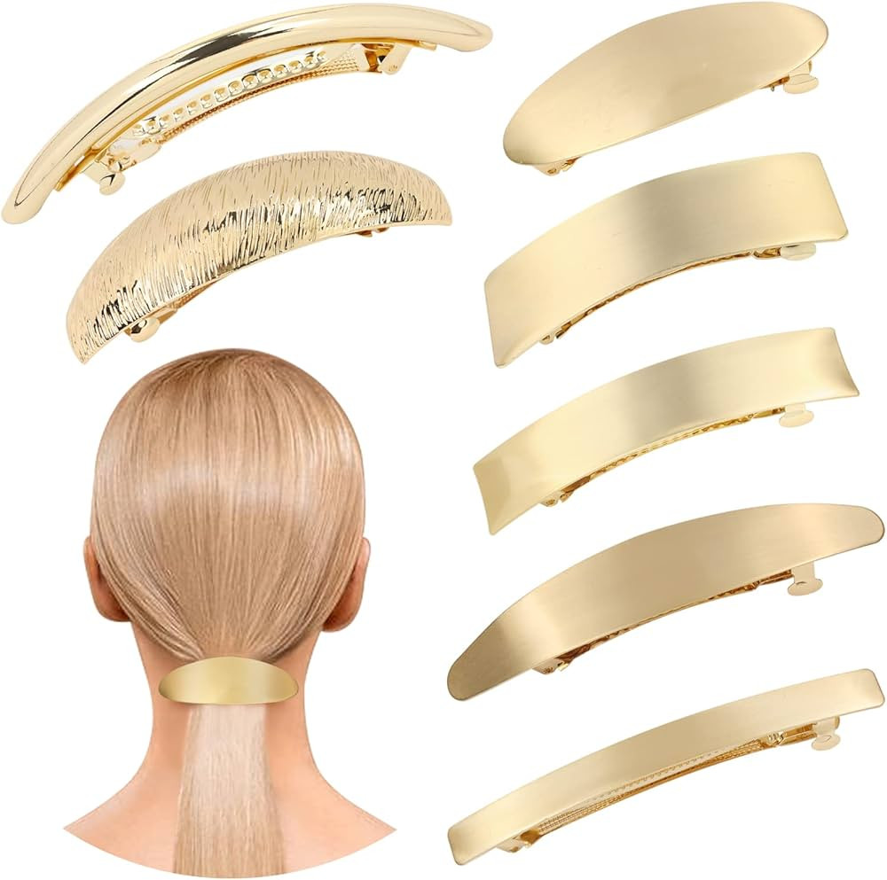 Cinaci 7 Pack Simple Elegant Gold Metal French Barrettes Decorative Snap Hair Clips Barrettes Cla... | Amazon (US)