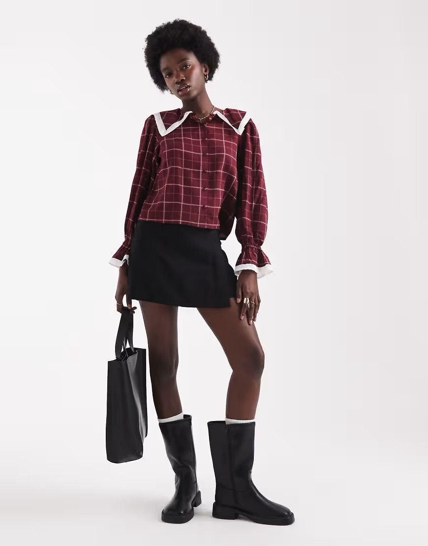 Wednesday's Girl collar detail grid plaid blouse in burgundy-Red | ASOS (Global)