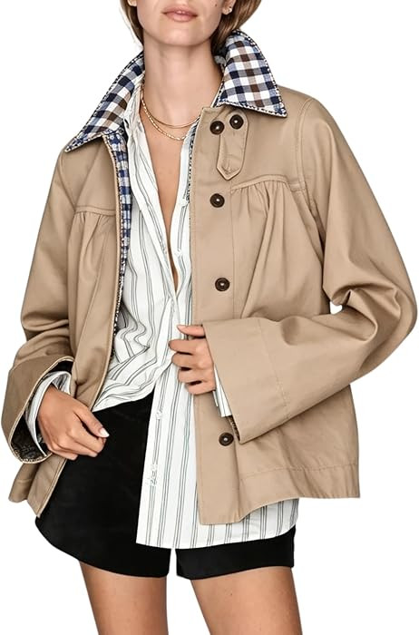 Qiaomai Womens Reversible Gingham Jacket Plaid Collar Button Down Outerwear | Amazon (US)
