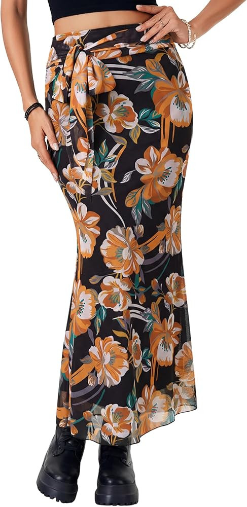 Rooscier Women's Ditsy Floral Print Mesh High Waisted Fishtail Bodycon Long Skirts Lettuce Trim M... | Amazon (US)