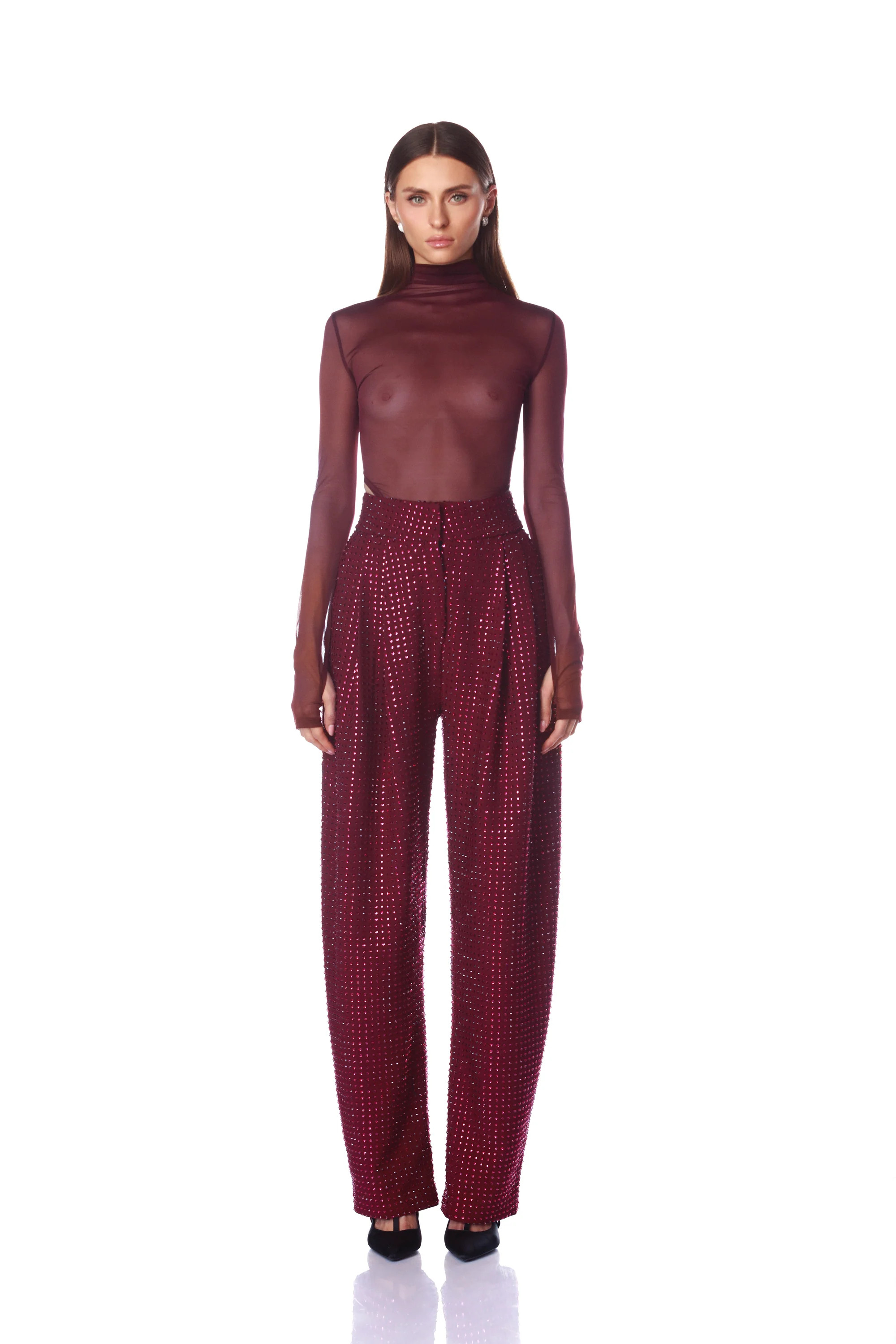 Gaia Mesh Burgundy Long Sleeve Bodysuit | Bronx and Banco