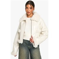 Womens Vinyl Faux Fur Trim Jacket - Cream - 6 | boohoo (US & Canada)