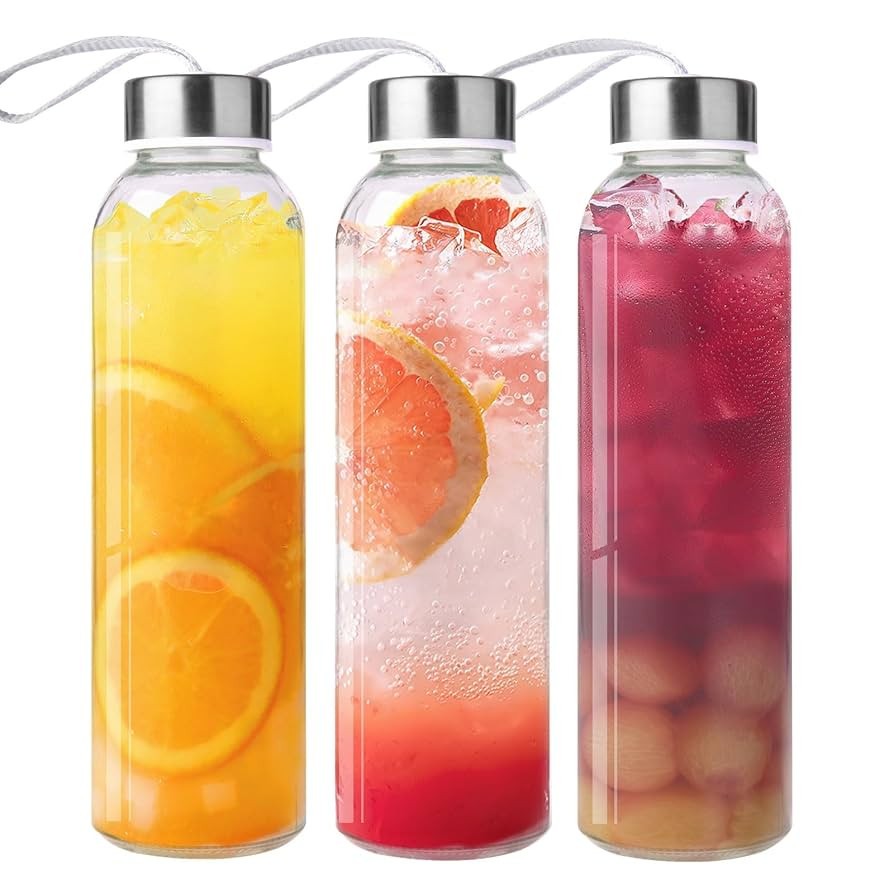 3 Packs Glass Water Bottles with Lid Clear Juice Bottles Reusable Bottle with Stainless Steel Cap... | Amazon (US)