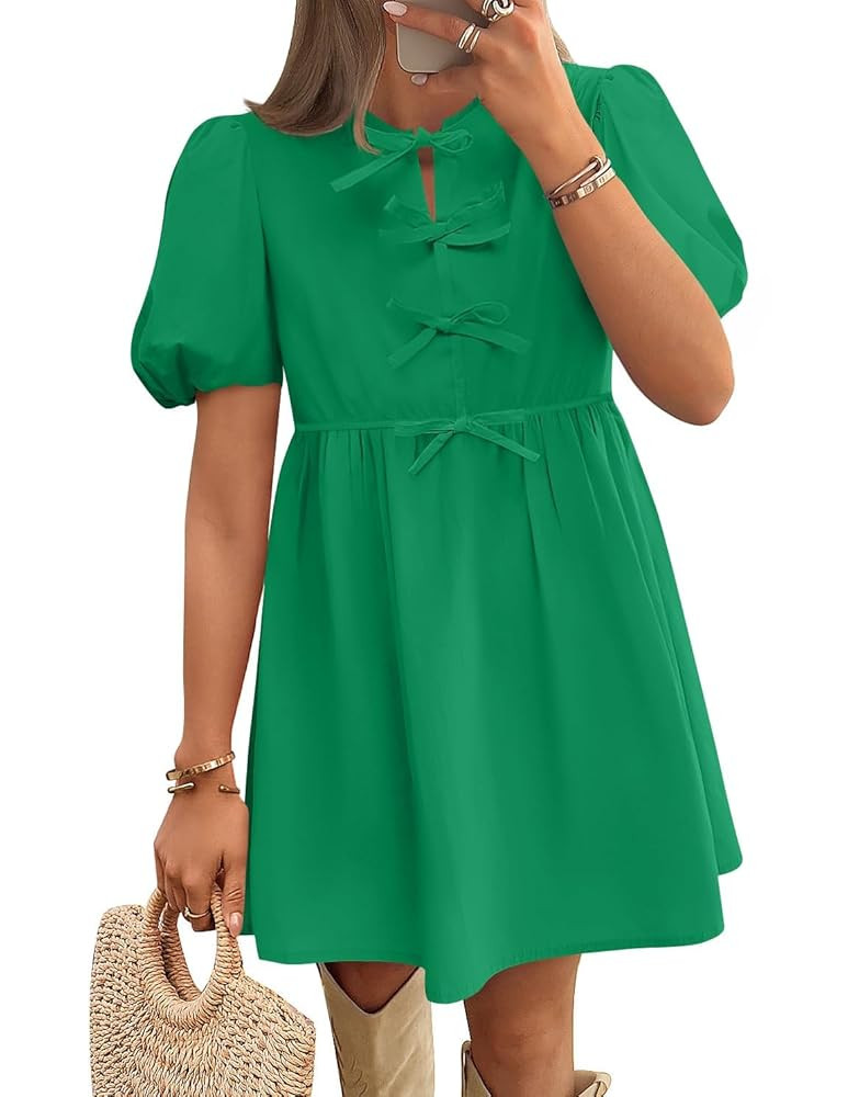 ZESICA Women's Summer Short Sleeve Tie Front Mini Dress Cute Babydoll Ruffle Pleated A Line Tunic... | Amazon (US)