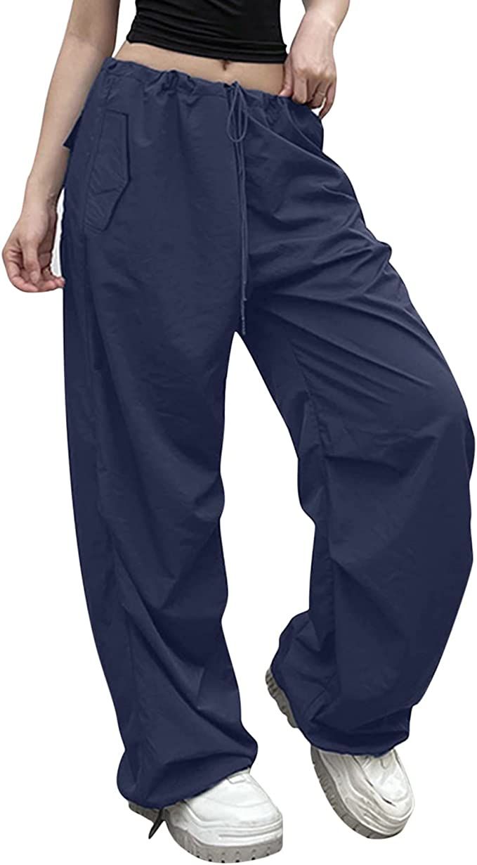 Neufigr Women's Low Waist Cargo Pants Casual Solid Color Sweatpants Y2K Low Rise Baggy Drawstring... | Amazon (US)
