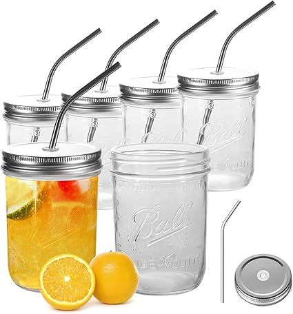 6 Pack Mason Jars 16 OZ, OAMCEG Canning Jar 16 OZ with Lids and Straws, Regular & Wide Mouth Maso... | Amazon (US)