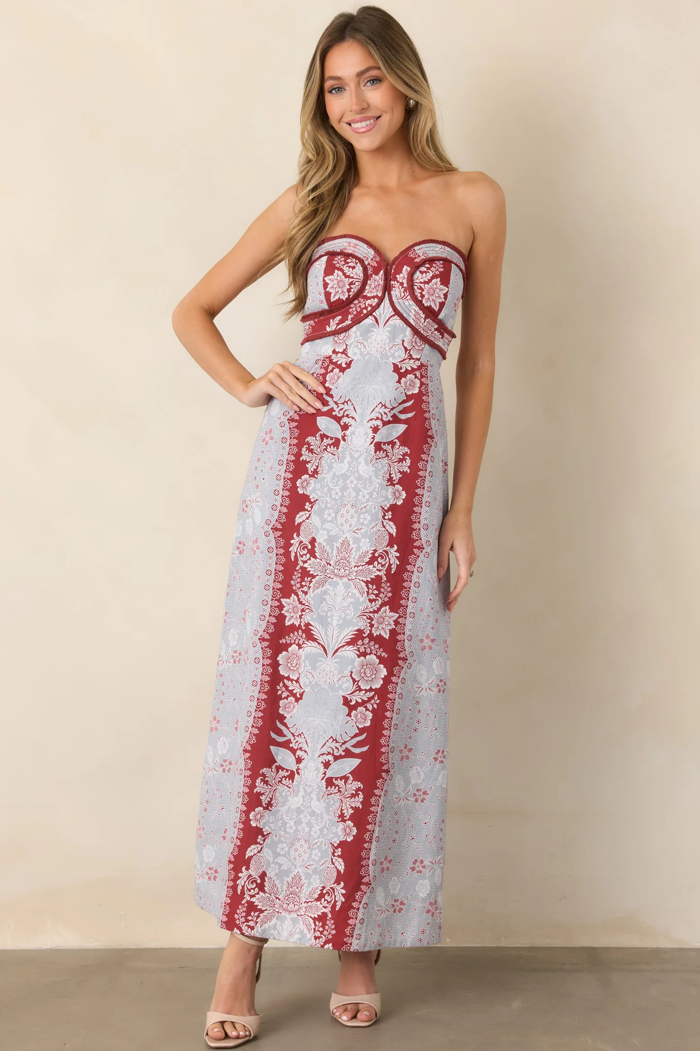 Anna Cate Hayden Frost Floral Strapless Midi Dress | Red Dress