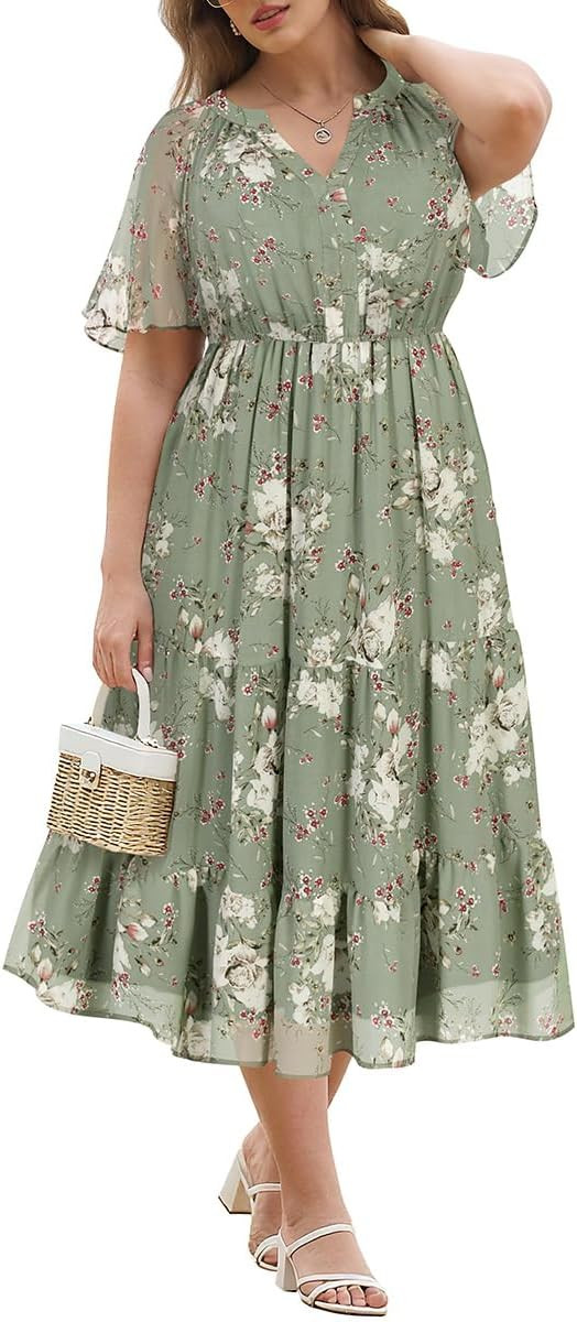 RITERA Plus Size Summer Dresses Short Sleeve V Neck Flowy Midi Dress Chiffon Boho Floral Beach Pa... | Amazon (US)