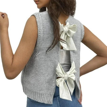 Women Knitted Vest Round Neck Sleeveless Crop Tank Back Bow Tie Decor Hollow Back Solid Color Sweater Vest | Walmart (US)