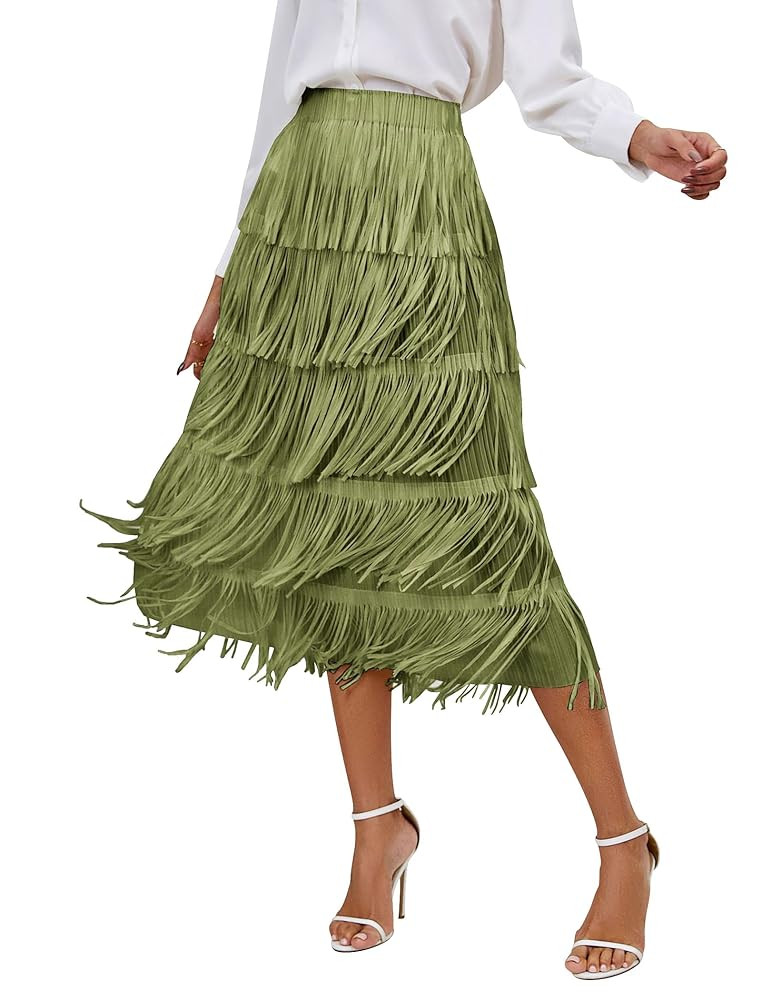 ODIZLI Midi Skirts for Women Spring Boho High Waist Tassel Fringe Layered Skirt A Line Skirts | Amazon (US)