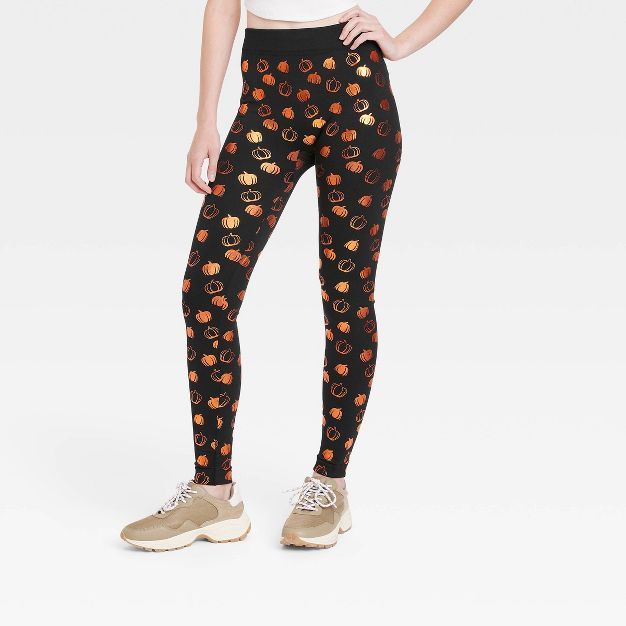Women's Foil Print Pumpkin Seamless Fleece Lined Leggings - Hyde & EEK!™ Boutique Black/Orange | Target