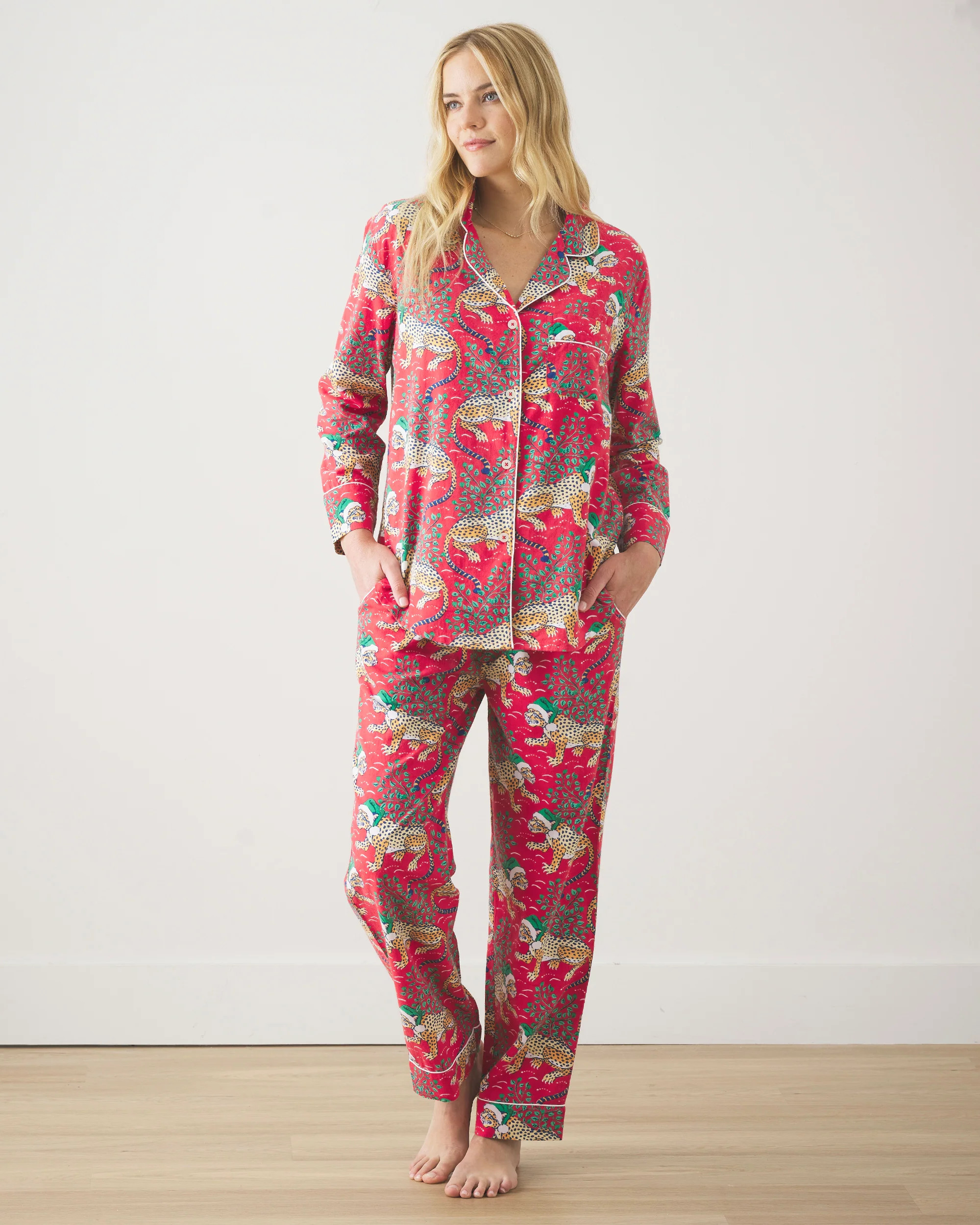 Holly Jolly Bagheera - Lightweight Flannel Long PJ Set - Ruby | Printfresh