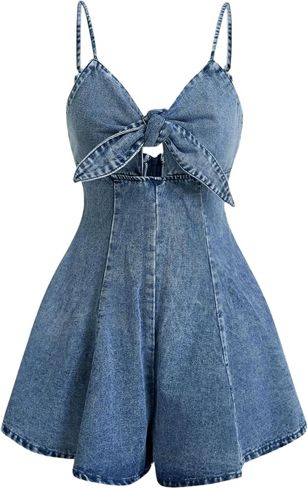 OYOANGLE Women's Vintage Bowknot Spaghetti Strap Denim Romper Sleeveless Wide Leg Jean Short Jump... | Amazon (US)