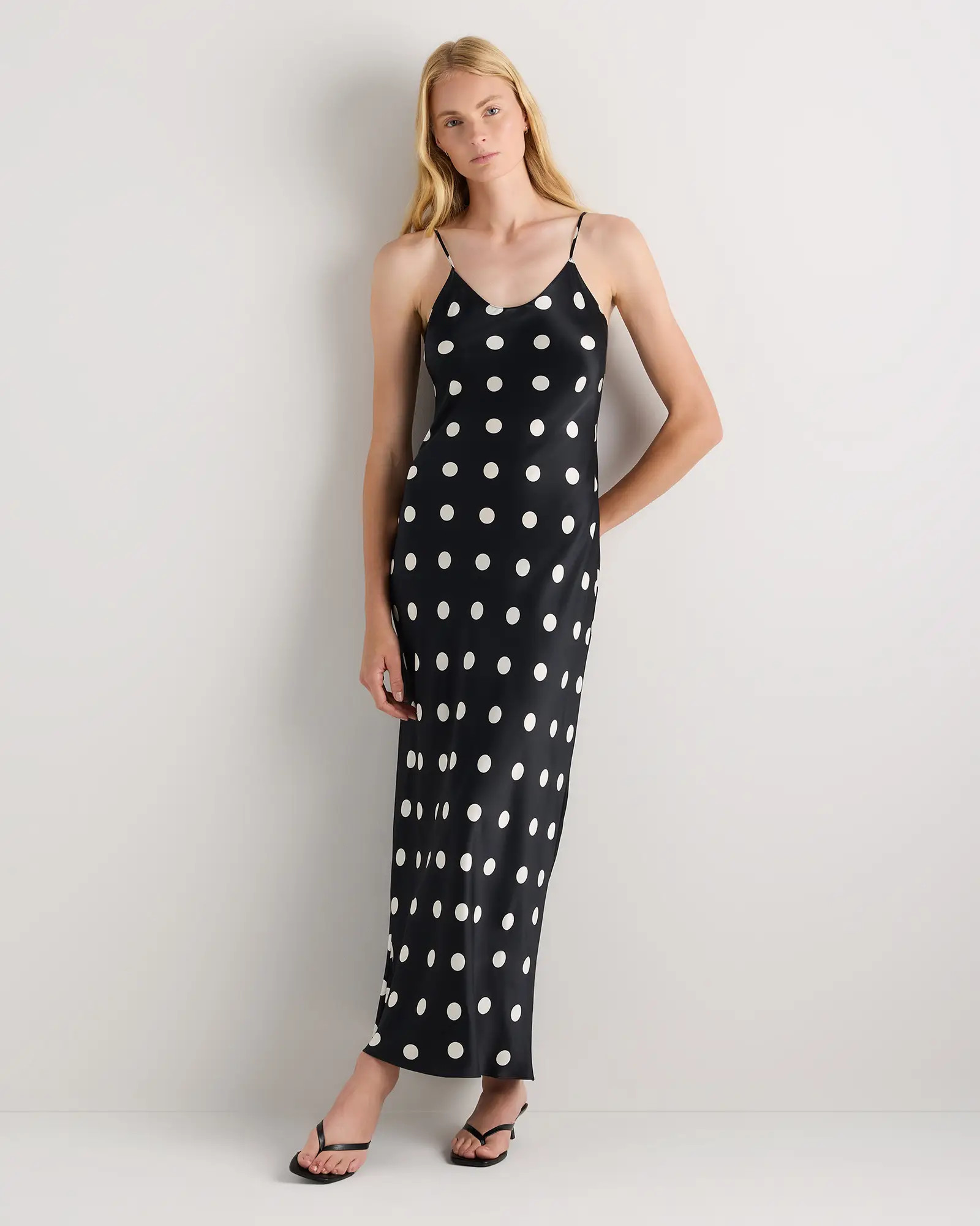 100% Washable Silk Maxi Slip Dress in Noir Large Dot | Quince