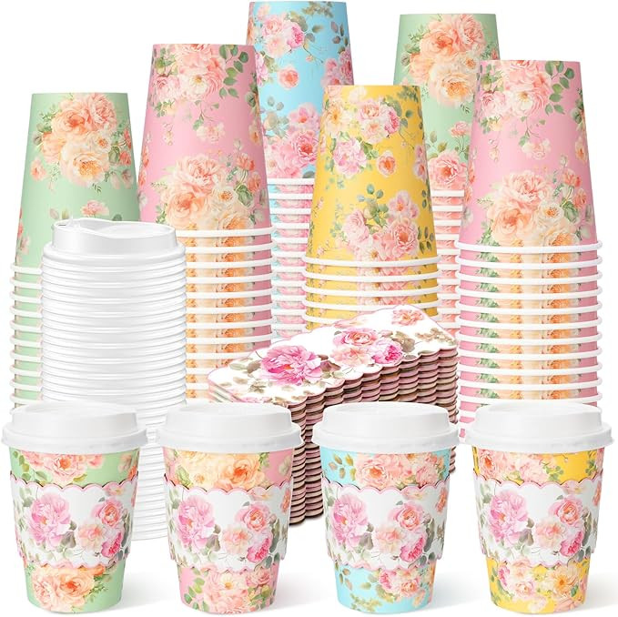48 Pcs Floral Paper Coffee Cups with Lids and Sleeves Colorful Flower Design Disposable Coffee Cu... | Amazon (US)