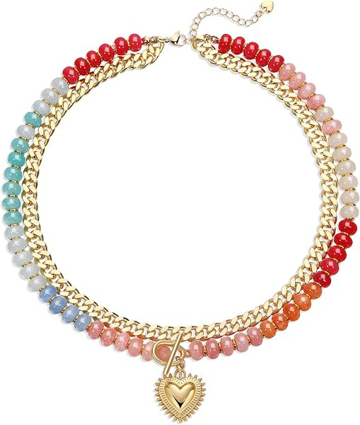 Natural Stone Beaded Layered Colorful Heart Necklaces for Women | Amazon (US)