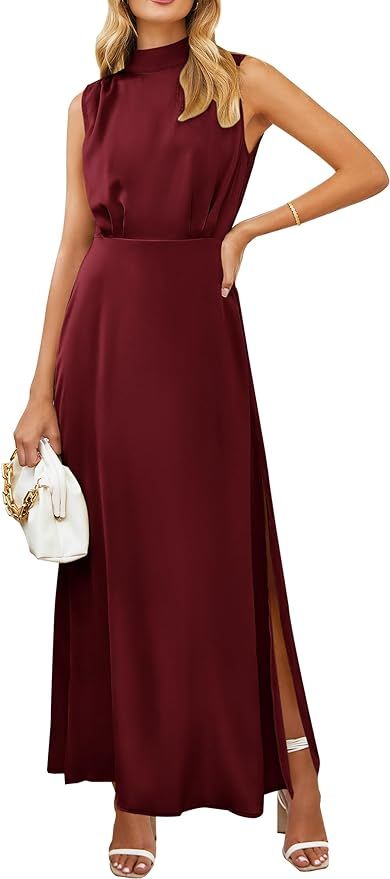 PRETTYGARDEN Women's Long Formal Satin Dress Mock Neck Sleeveless Side Slit Flowy Maxi Tank Dress... | Amazon (US)