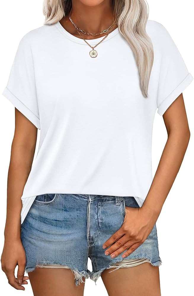 WEESO Womens T Shirts Crew Neck Rolled Short Sleeve Basic Summer Tops 2026 Casual Tees Curved Hem | Amazon (US)