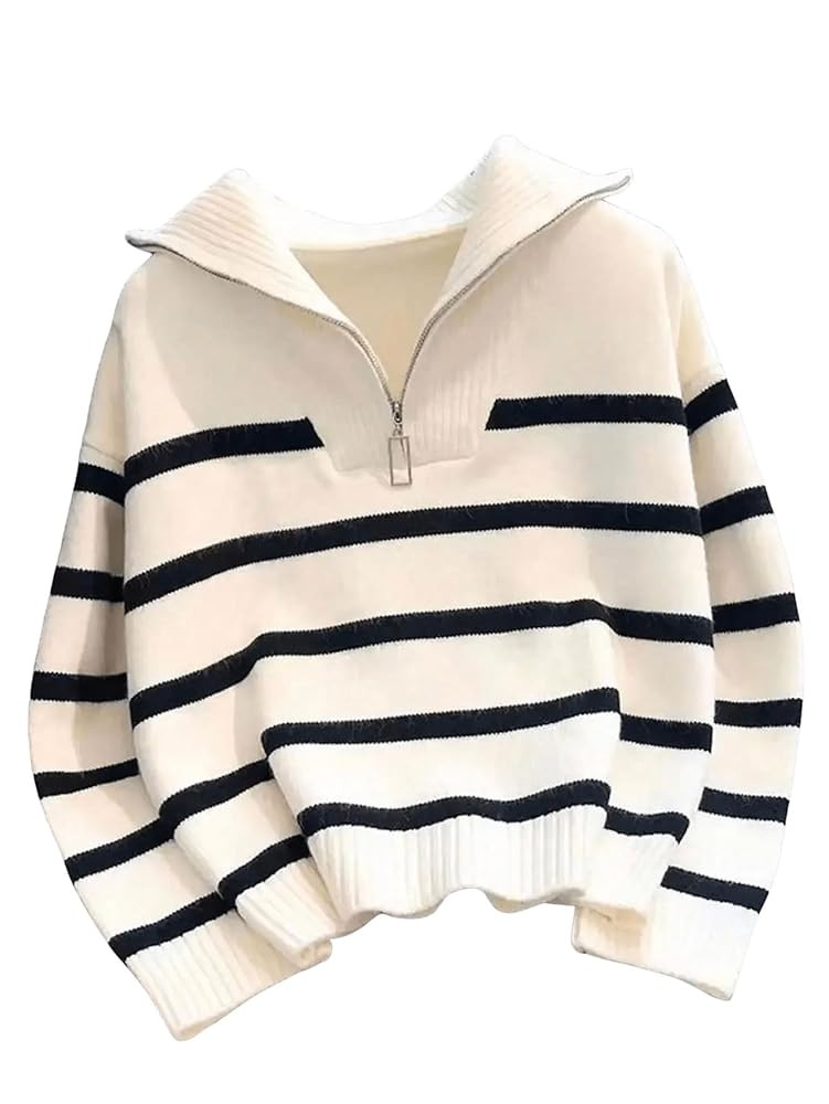 Women's Striped Quarter Zip Pullover Top Long Sleeve Knit Collared Sweaters | Amazon (US)