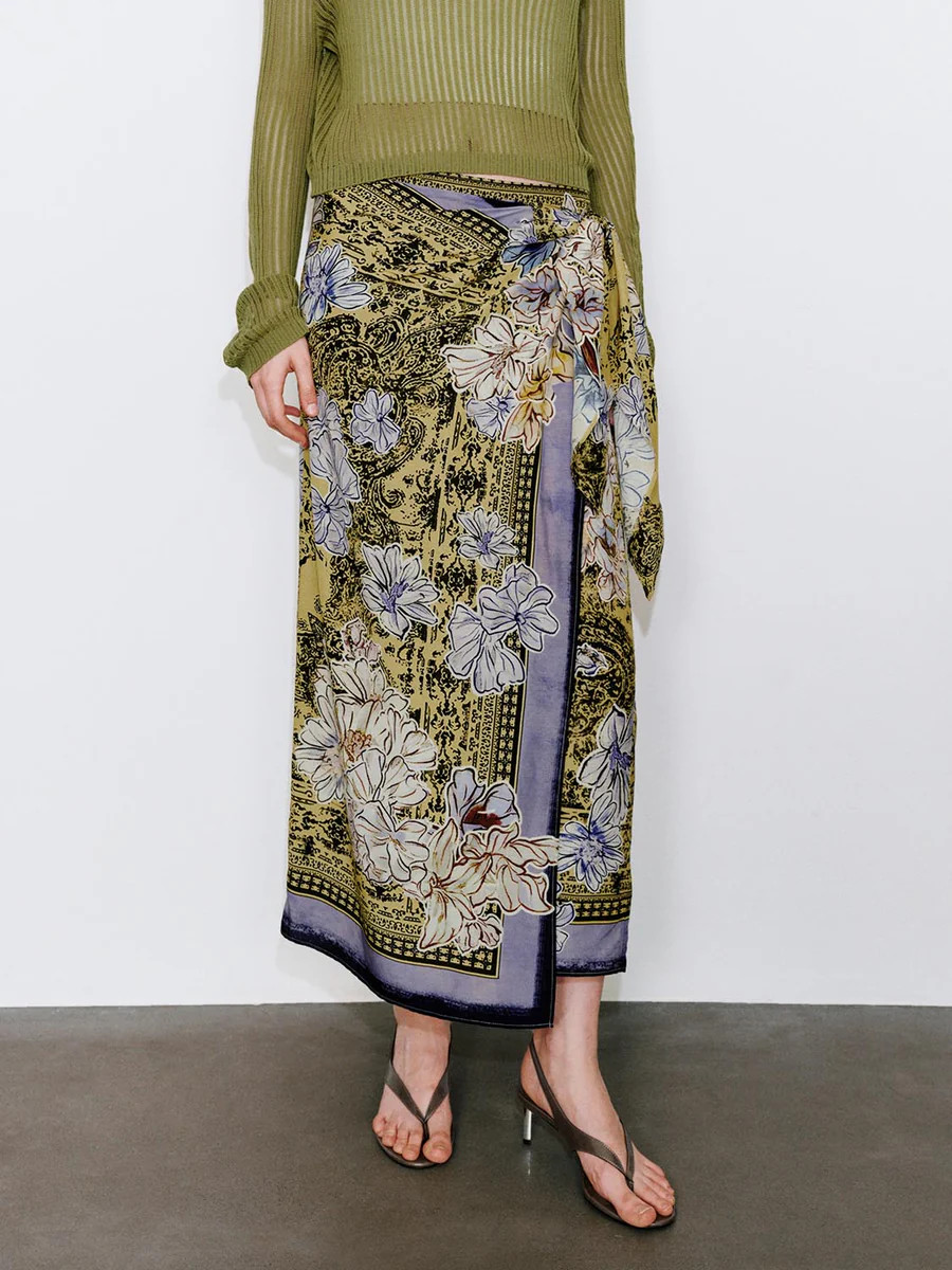Tie Detail Contrast Floral Straight Midi Skirts | Urban Revivo