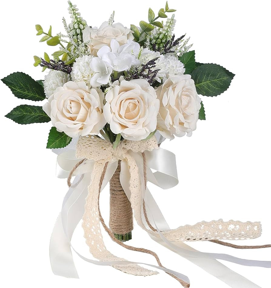 Wedding Bouquets for Bride Bridesmaid,White Champagne Artificial Roses Flowers for Wedding Church... | Amazon (US)