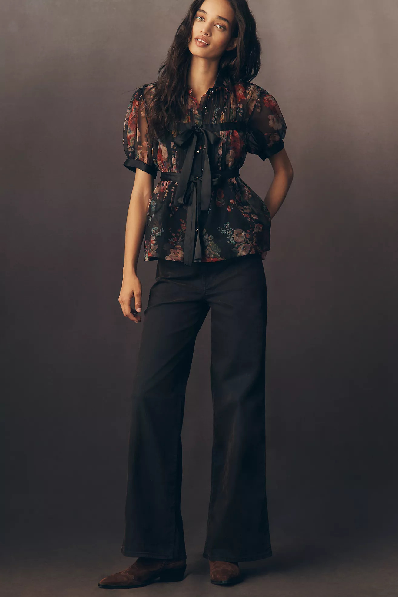 By Anthropologie Short-Sleeve Tie-Front Sheer Blouse | Anthropologie (US)