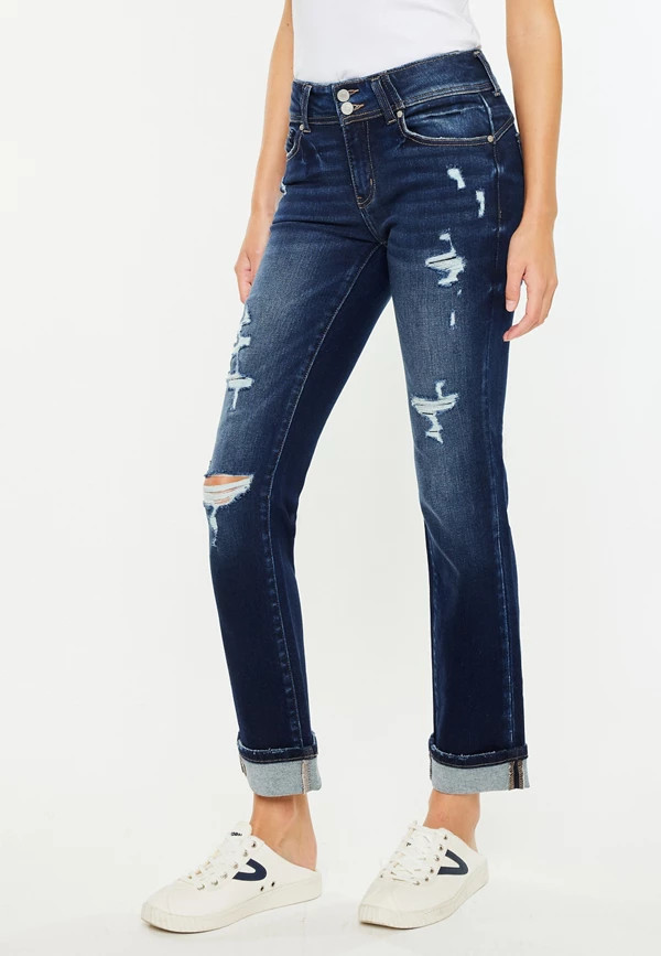 KanCan™ Mid Rise Open Ripped Cuff Hem Straight Ankle Jean | Maurices