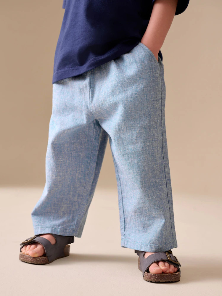 Chambray Blue Wide Fit Linen Blend Pull on Trousers (3mths-7yrs) | Next US