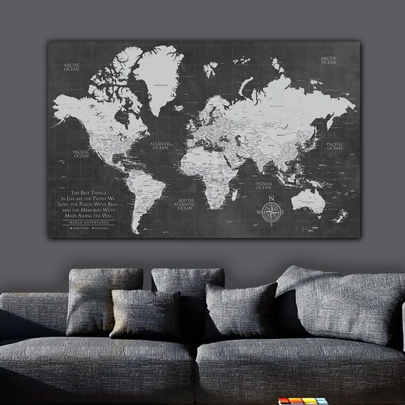 Grey Push Pin World Map Personalized 1-Panel Canvas, Custom Travel Map, Push Pin Map, Travel Gift... | Etsy (US)