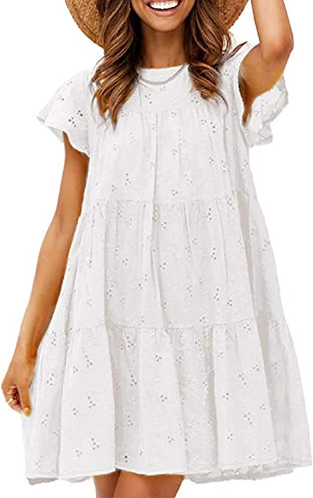 Amegoya Women's Casual Cotton Embroidery Dress Babydoll A-line Mini Dress with Belt | Amazon (US)