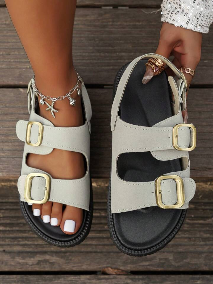 Grey Thick Bottom Sandals With Metallic Buckle Decor | SHEIN