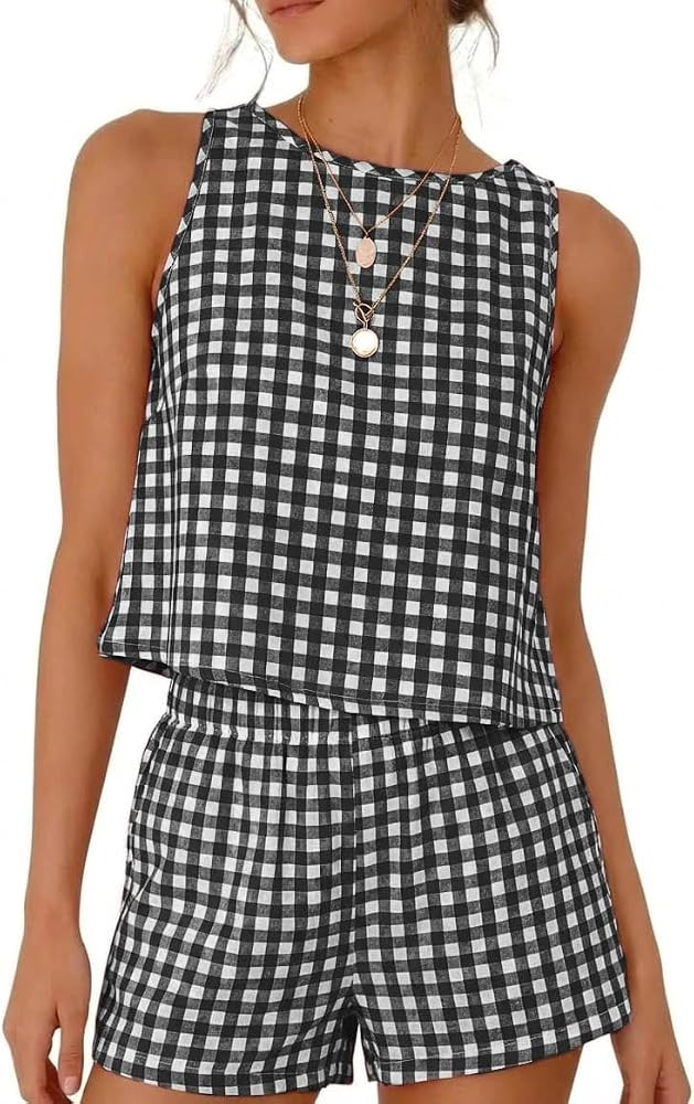 Kinghua Two Piece Sets for Women Spring Summer Beach Crop Gingham Tank Tops and Plaid Shorts Cott... | Amazon (US)