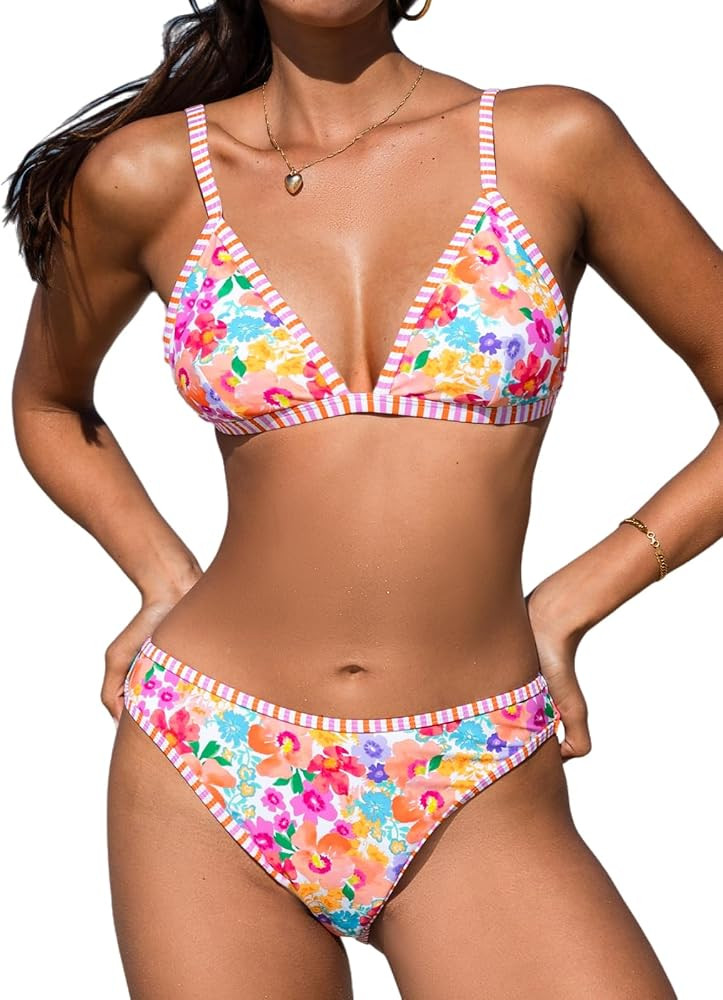 CUPSHE Women's Bikini Sets Two Piece Bathing Suit V Neck Back Hook Mid Rise Triangle Cup Adjustab... | Amazon (US)