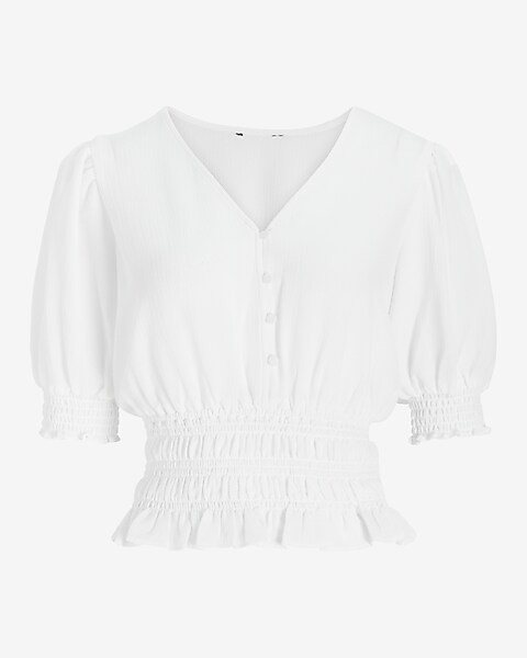 V-Neck Button Front Smocked Waist Top | Express