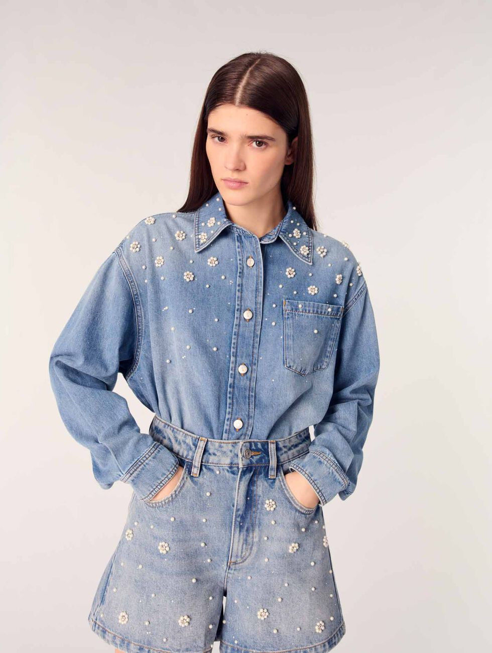 Denim shorts with embroidered beads | Maje US | Maje US
