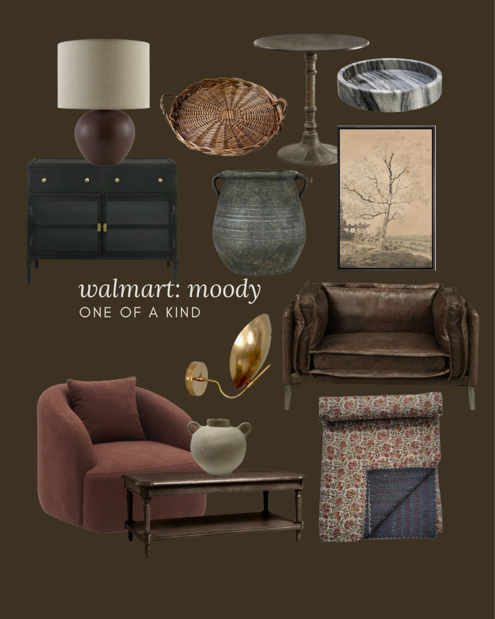 Walmart, Moody, furniture and decor, love, love, love these two accent chairs. The leather chair is so moody, and the swivel barrel chair is the prettiest color, can the quilt, mid-century, modern polished brass wall, sconces, brown table, lamp, brown, rattan tray, marble tray, marble, ketchup, moody, style, art, large vase, dark brown coffee table that looks vintage

#LTKSaleAlert #LTKStyleTip #LTKHome
