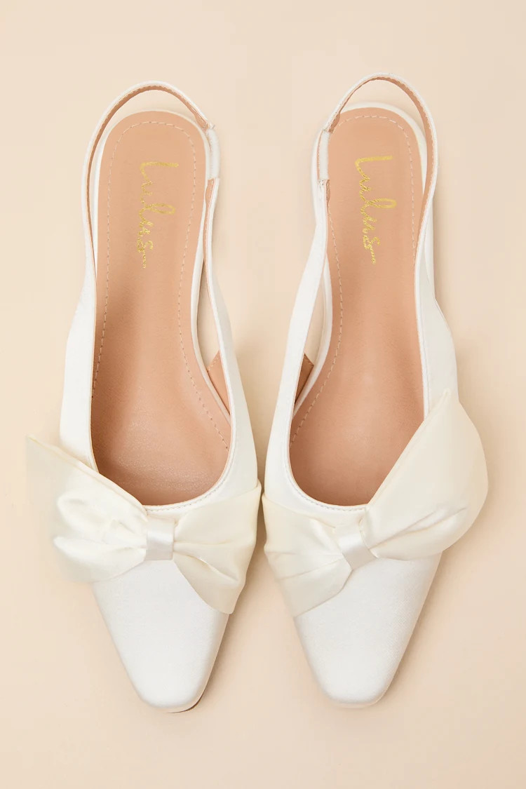 Kyleigh White Satin Bow Slingback Flats | Lulus