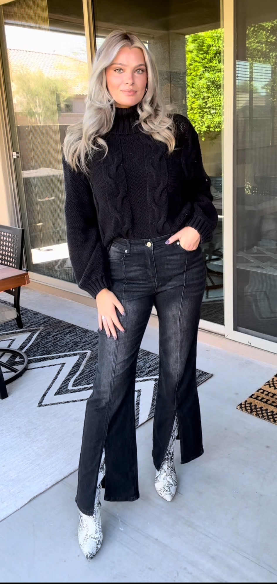 Black Outfit. Black Denim. Black Jeans. Jeans. Slit Jeans. Black Sweater. Chunky Sweater. Snake Print. Snake Boot. Statement Shoe. Fall Outfit. Amazon. Amazon Denim. Fall Fashion  

#LTKfindsunder50 #LTKstyletip #LTKfindsunder100
