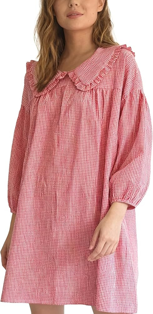 2025 Women's Babydoll 3/4 Puff Sleeve Plaid Mini Dress Lapel Doll Collar Loose Y2k Dress | Amazon (US)