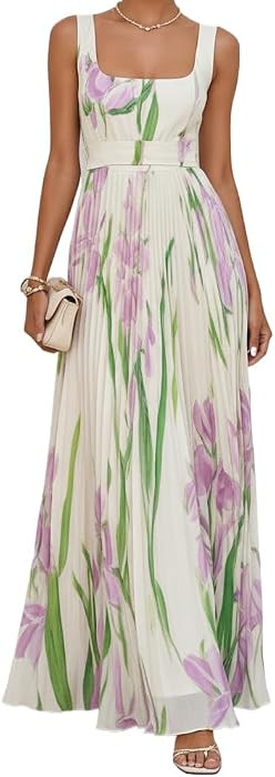 Women's Square Neck Sleeveless Pleated Maxi Dress Flowy A Line Elegant Vacation Floral Chiffon Ta... | Amazon (US)